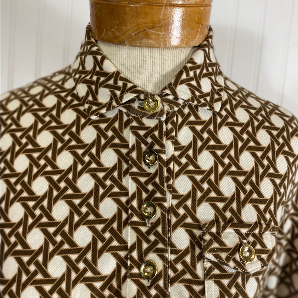 TALBOTS BROWN CANE PRINT LONG-SLEEVE GOLF SHIRT SMALL - Picture 3 of 8